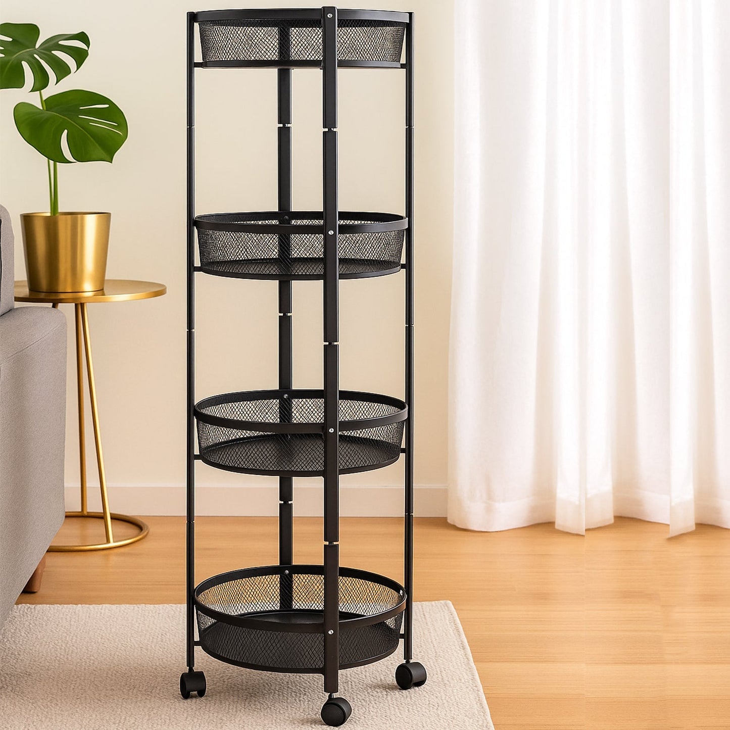 4-Layer Round Metal Folding Storage Trolley with Mesh Baskets and Wheels â€“ Multi-Purpose Organizer Rack (1 Pc)
