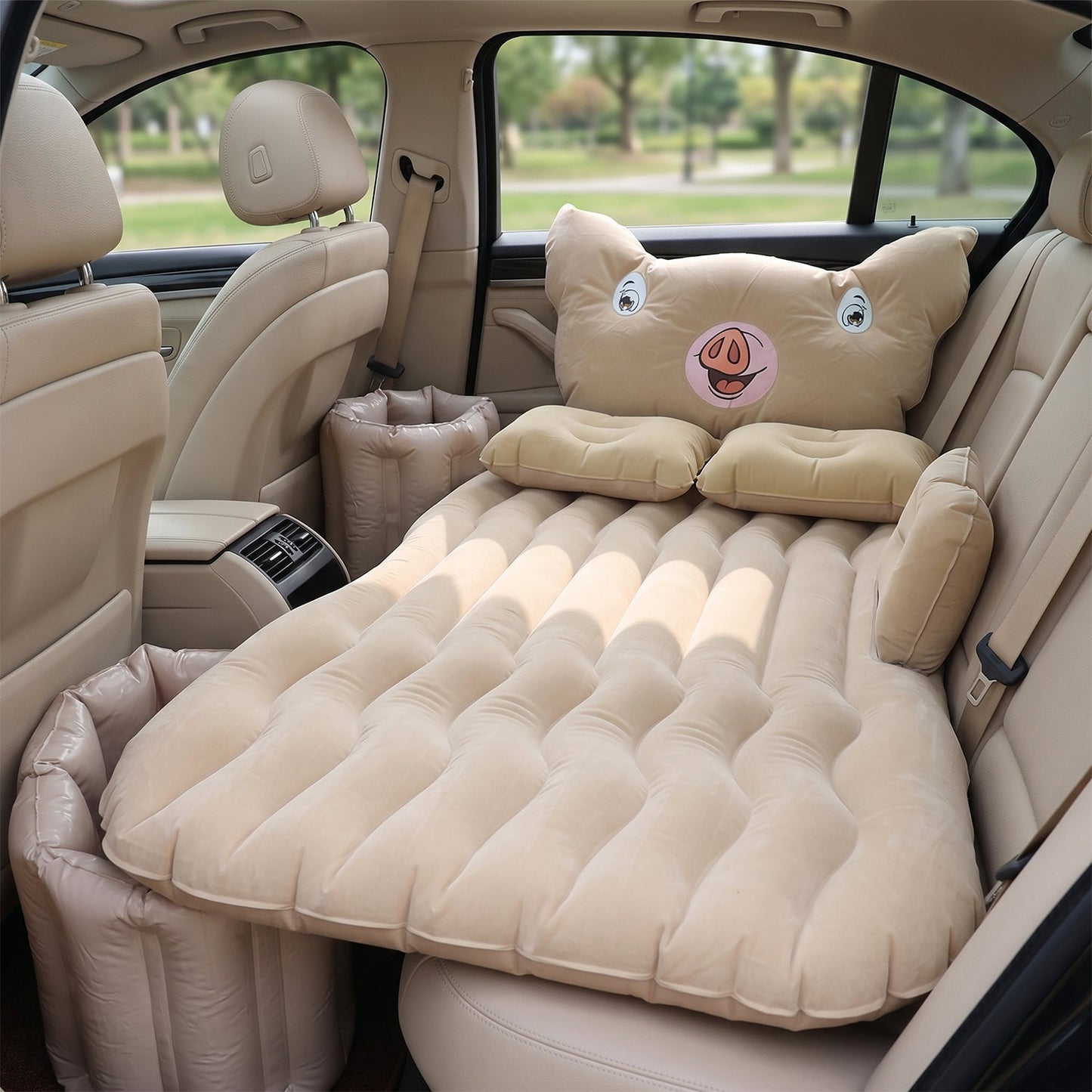 Car Air Mattress Bed Set – Cartoon Pig Design Inflatable Travel Bed with Pillows