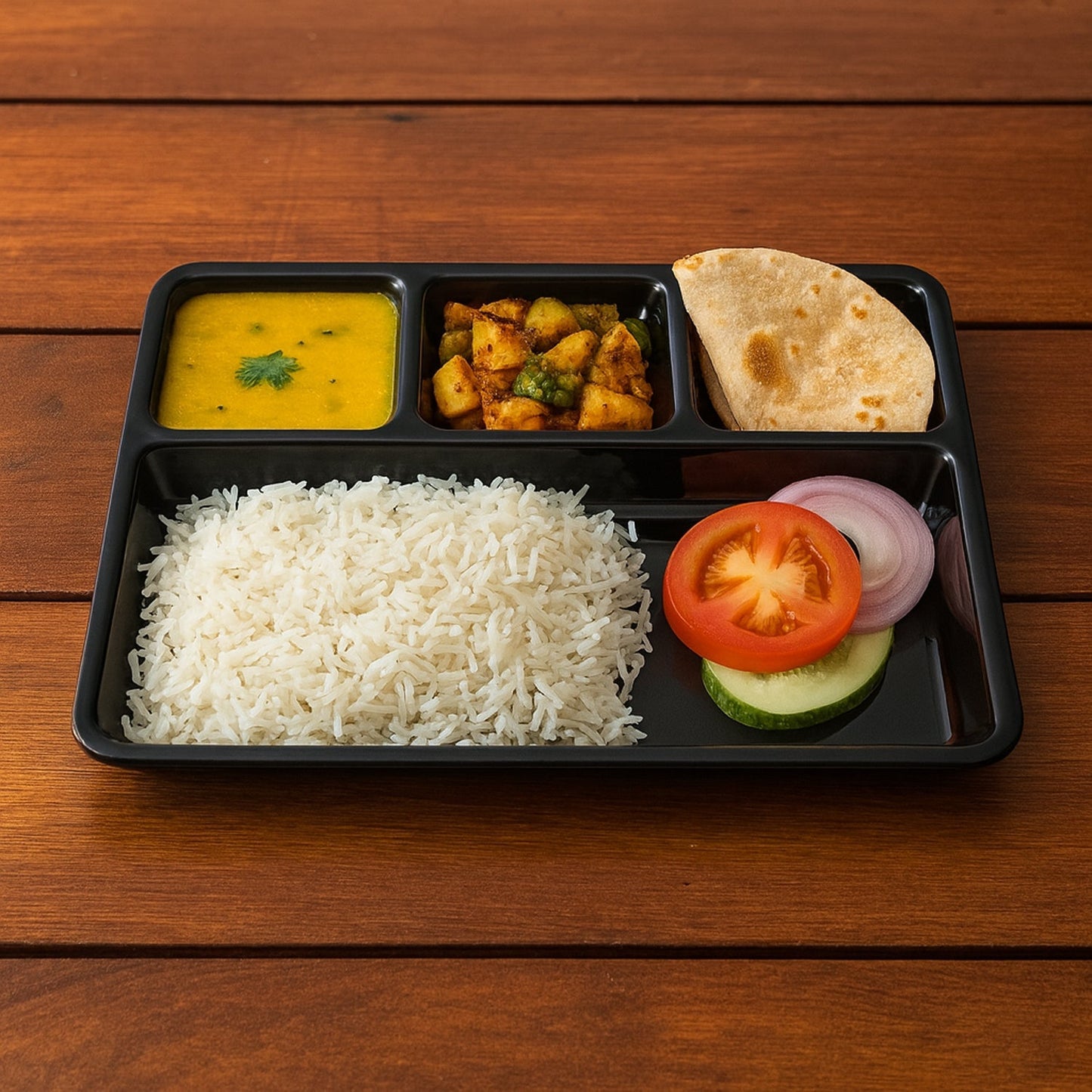 Plastic 4-Compartment Rectangular Meal Serving Tray â€“ Sectioned Dining Plate (1 Pc)