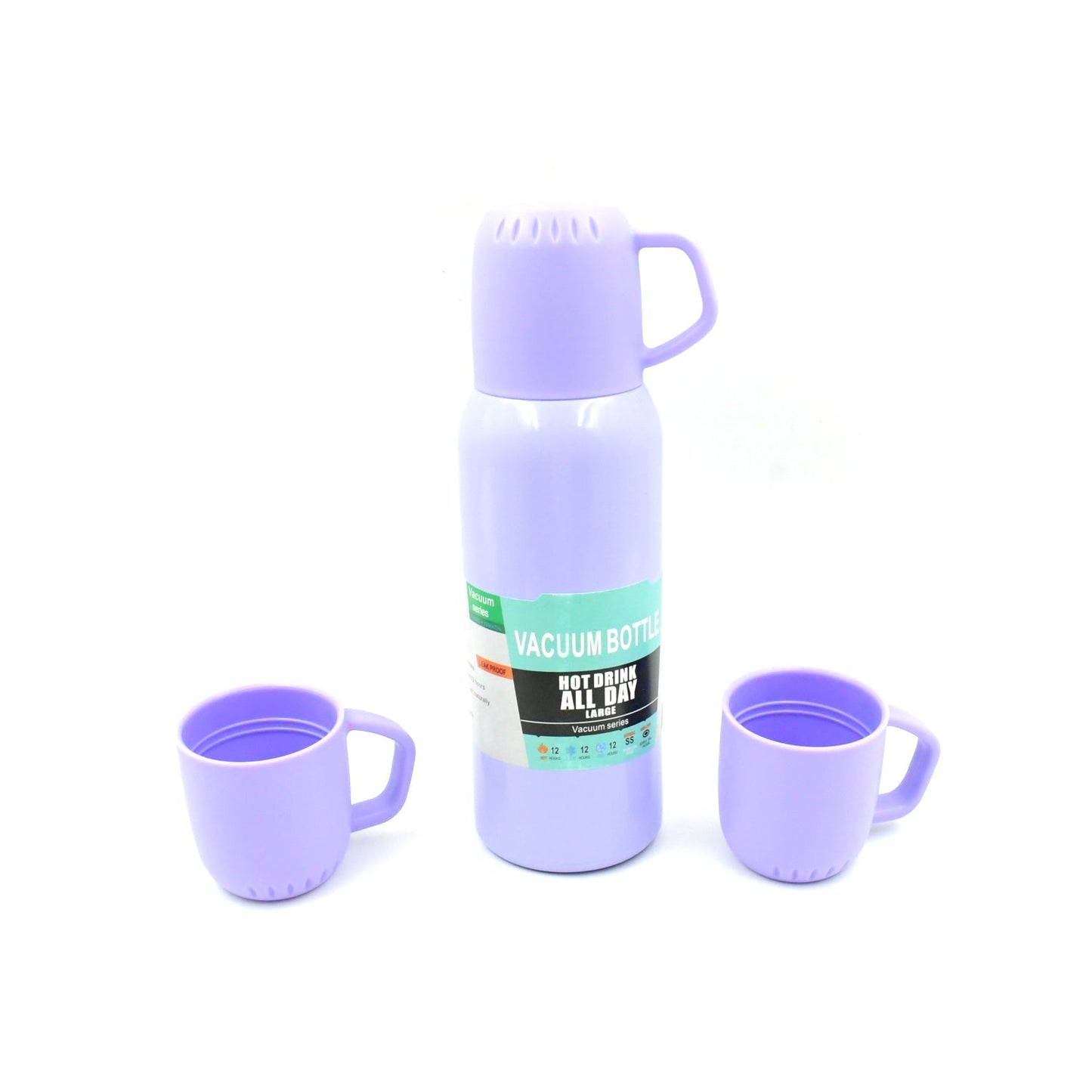 Vacuum Flask Set – Stainless Steel Thermos with 3 Cups, Approx 500ml