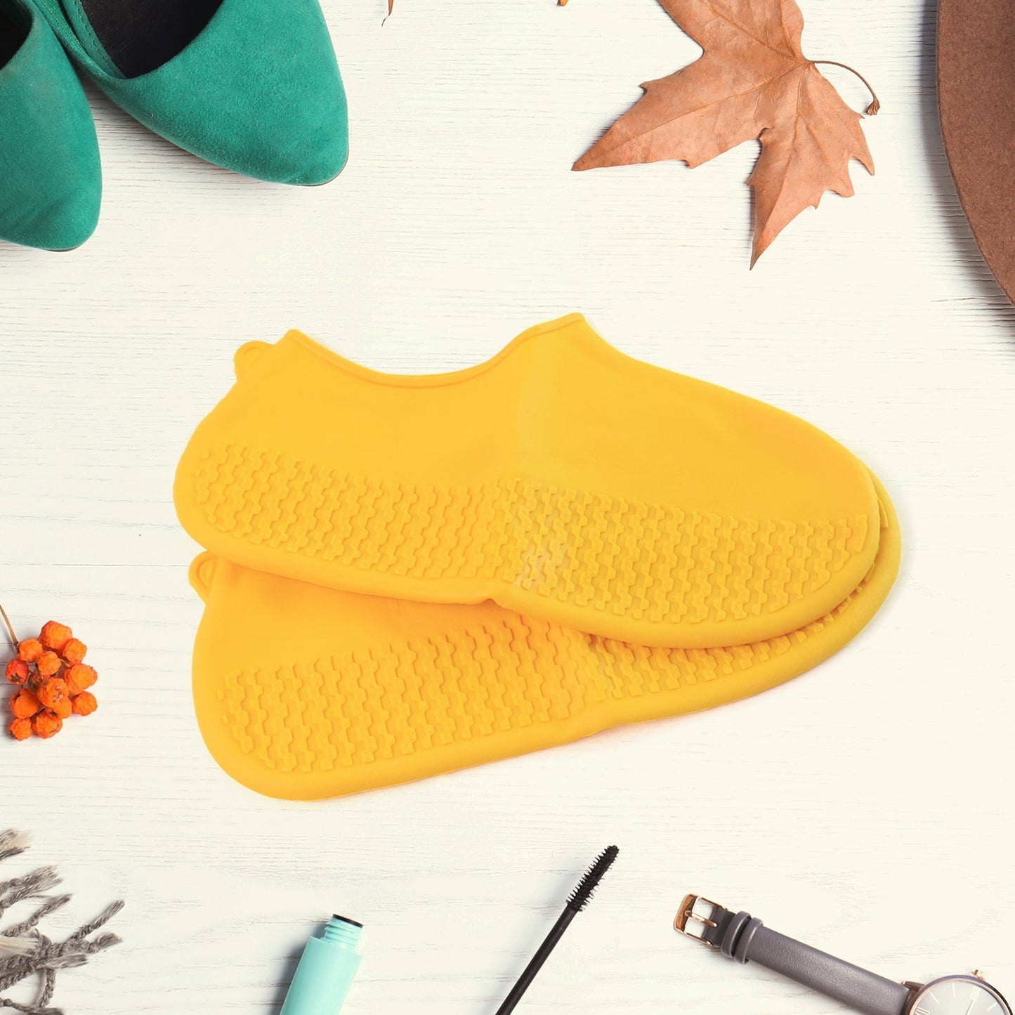 Yellow Non-Slip Silicone Rain Reusable Anti skid Waterproof Fordable Boot Shoe Cover (1 Pair )