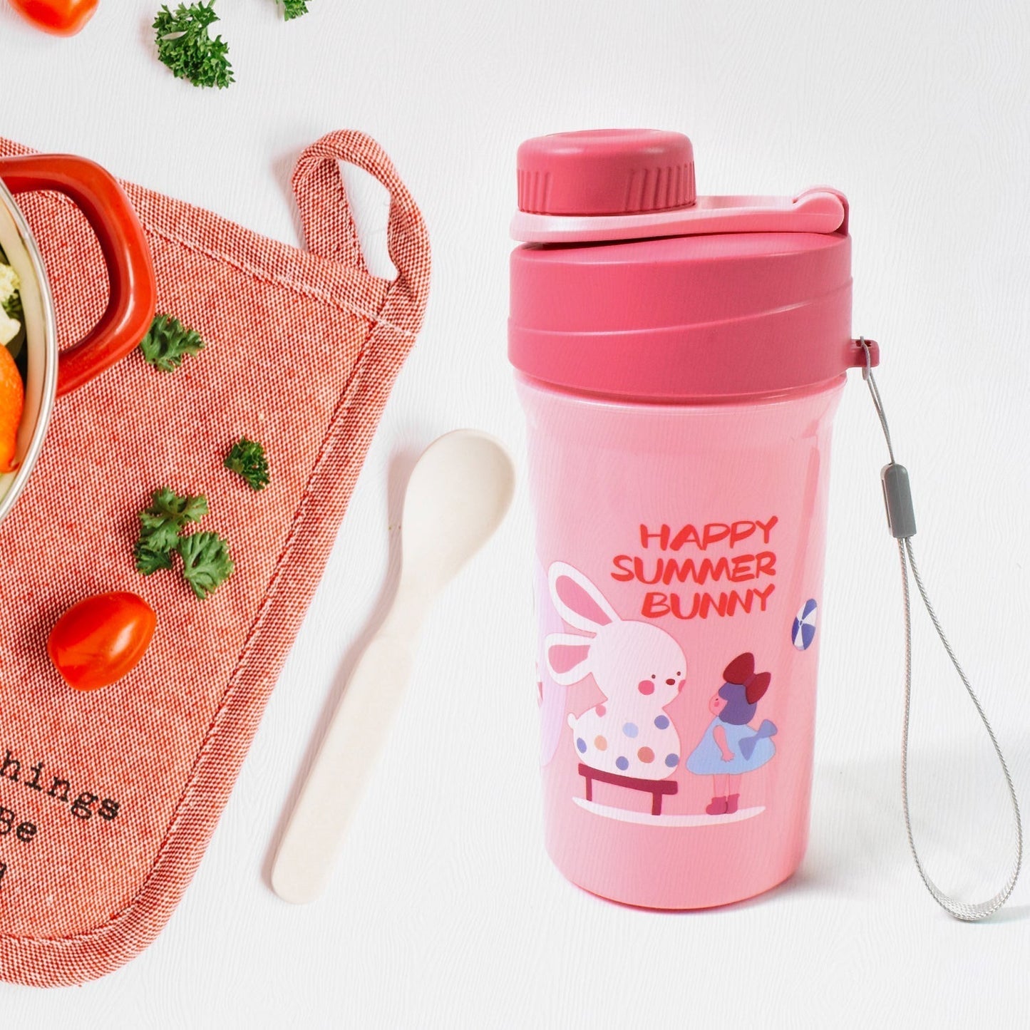Plastic Lunch Box Leak Proof 2 Compartment with Bottle and Fork (1 Set / Mix Color)