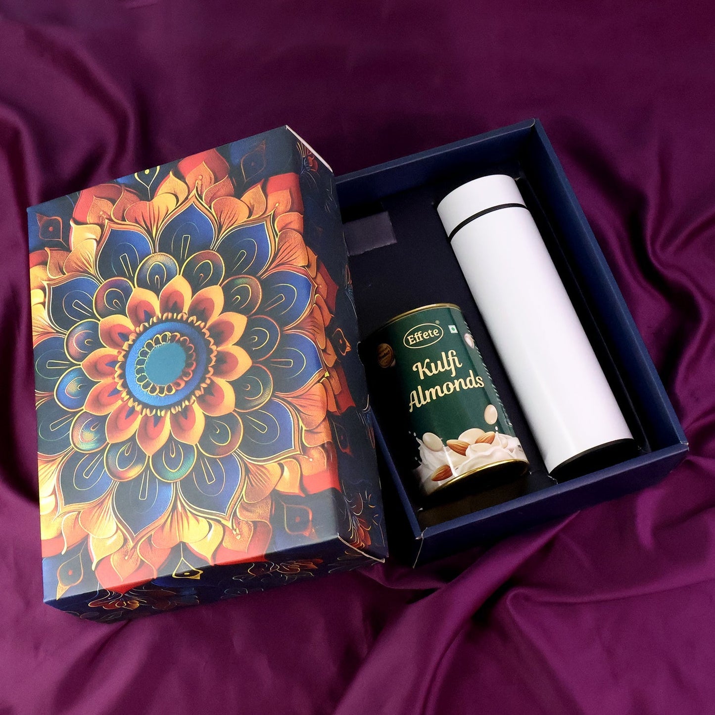 Effete Kulfi Almonds Gift Hamper, Golden With Bottle (2 Pc Set), Mix Color