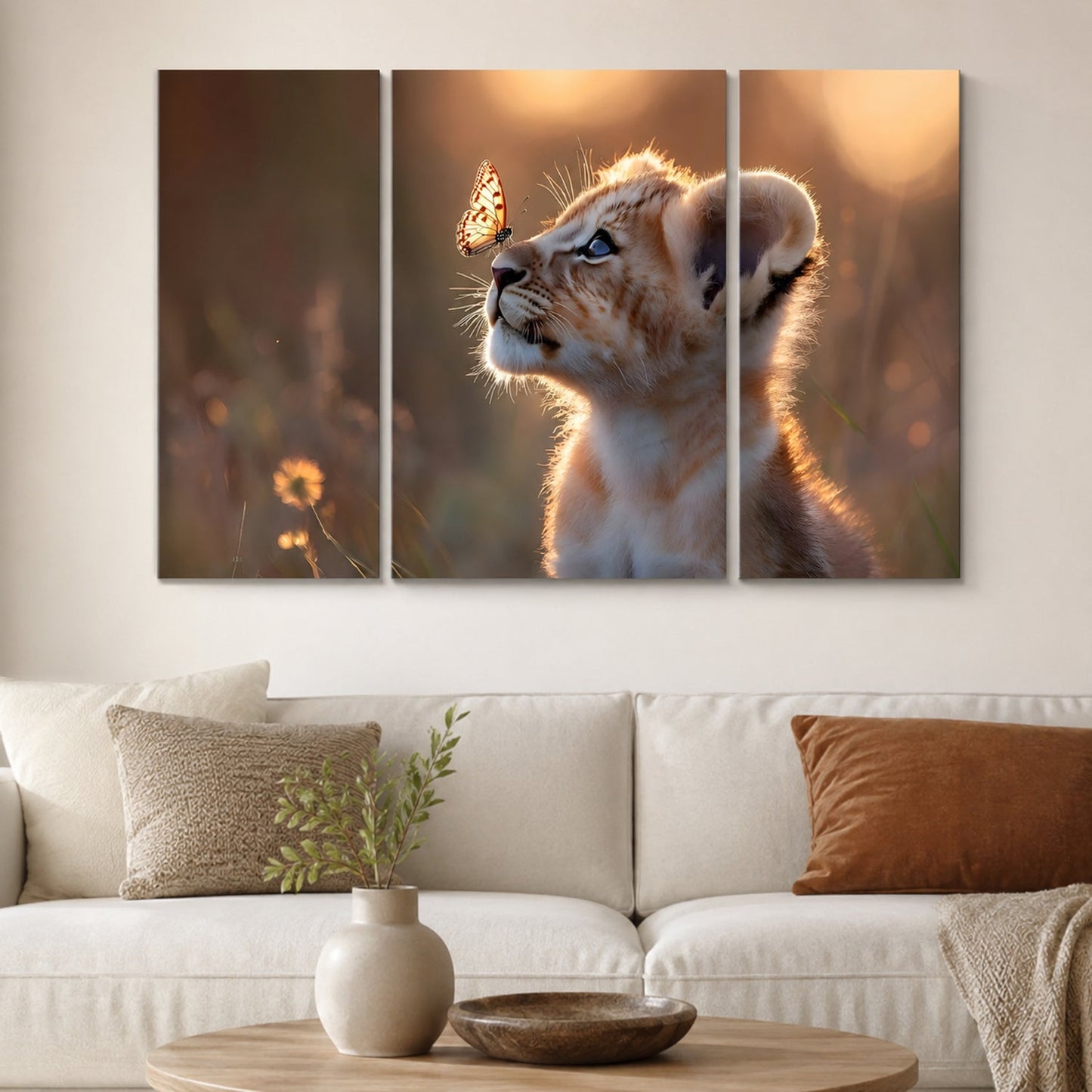 Lion Cub 3 Panel MDF Wall Frame Wall Art Painting 16.5x12in (1 Pc)