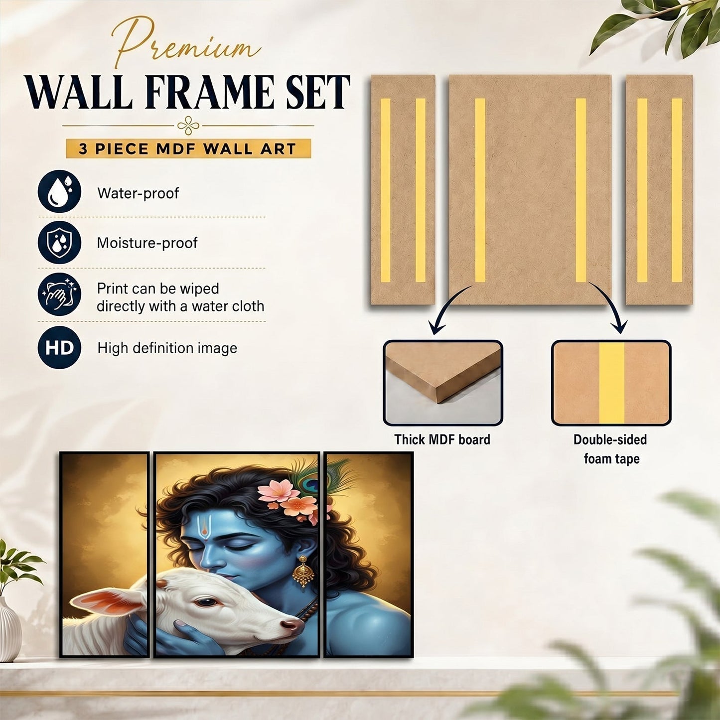 Krishna N Cow 3 Panel MDF Wall Frame Wall Art Painting 16.5x12in (1 Pc)