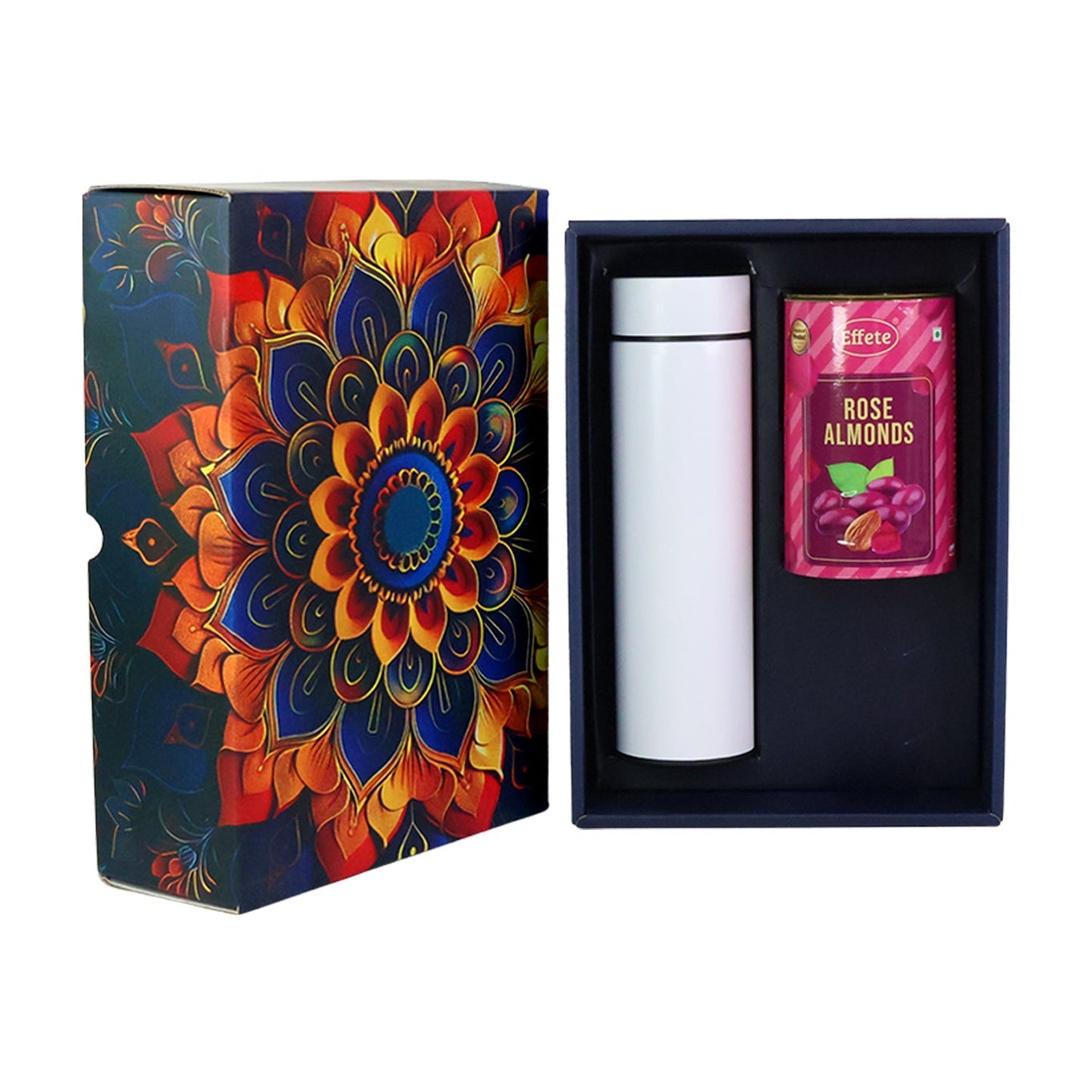 Effete Rose Almonds Gift Hamper, Golden With Bottle (2 Pc Set), Mix Color