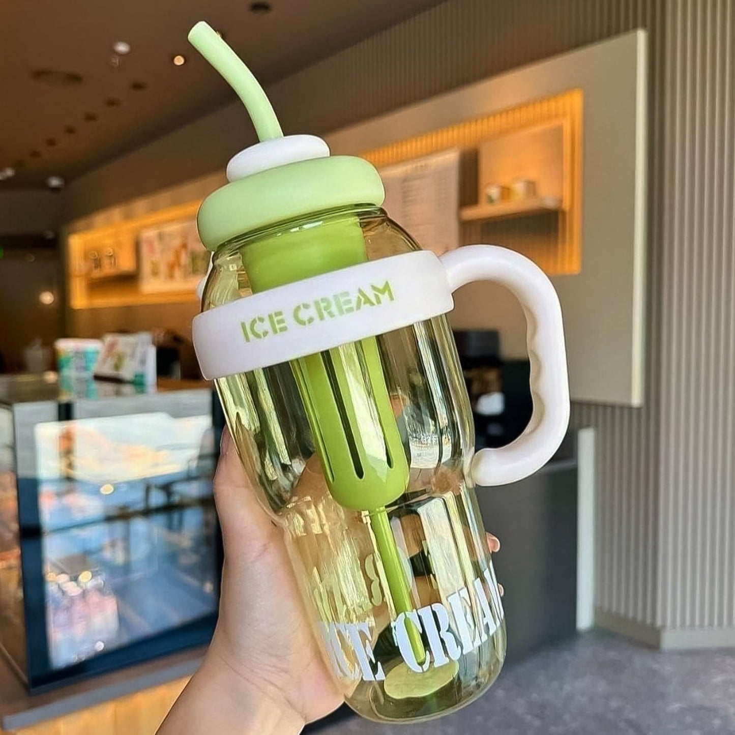 Approx 1300ML Large Capacity Cute Ice Cream Themed Water Bottle with Handle, Straw & Fruit Infuser â€“ Leakproof Sipper for Kids & Adults