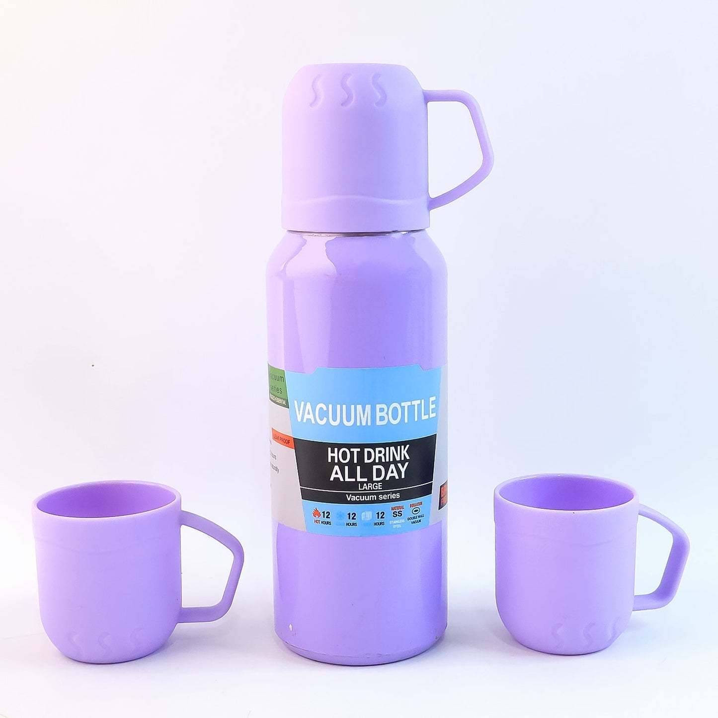Purple Vacuum Flask Set â€“ Stainless Steel Thermos with 3 Cups, Approx 500ml