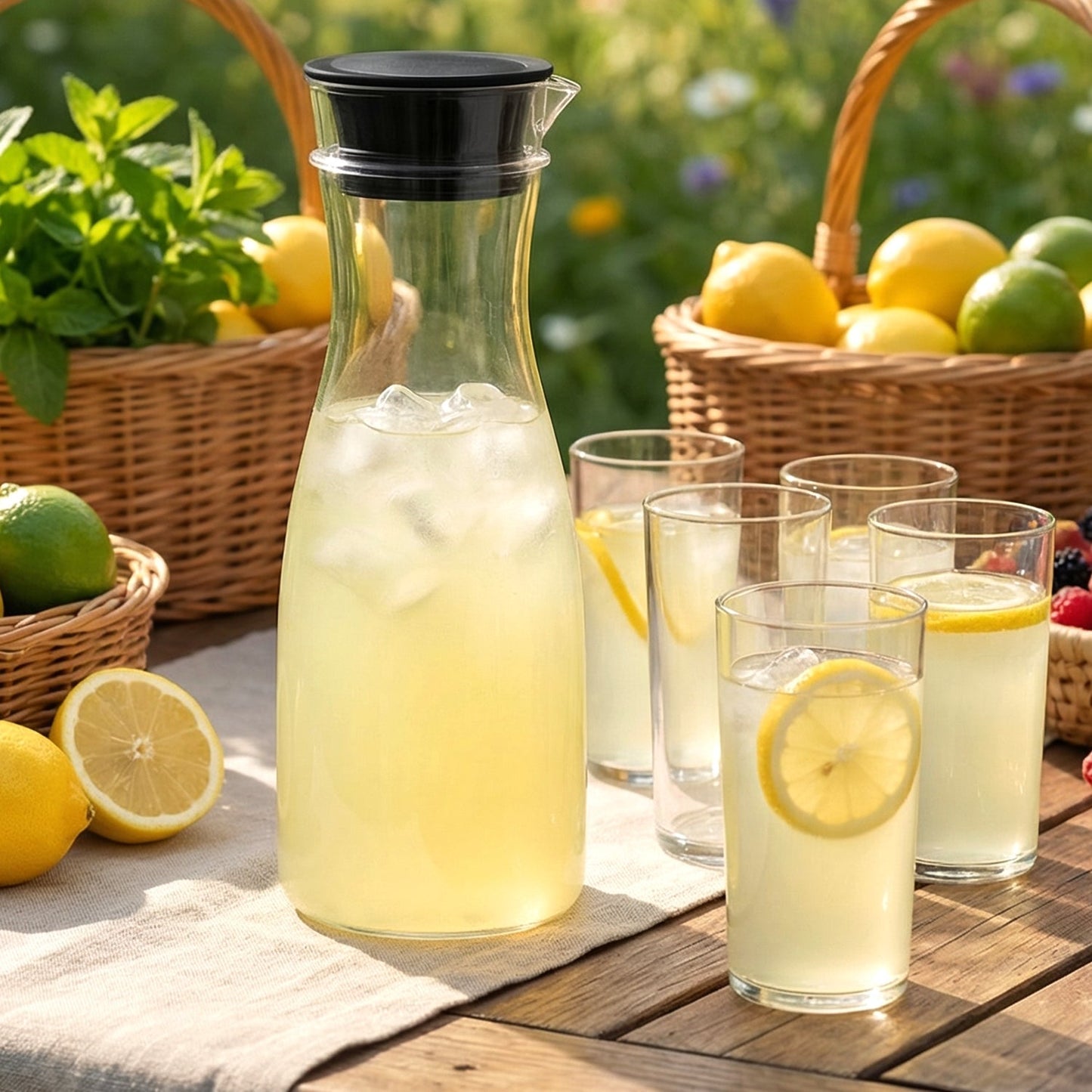 Prexo Plastic Water Jug and Drinking Glass Set (1 Jug 1000ML, 6 Glasses 300ML)