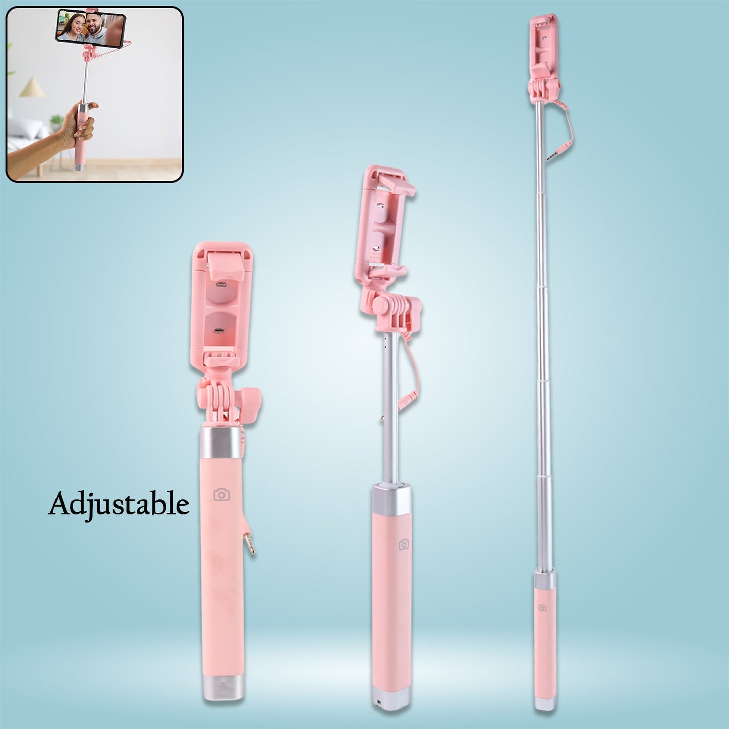 Wired Selfie Stick with Rearview Mirror & Built-In Shutter Button (1 Pc)