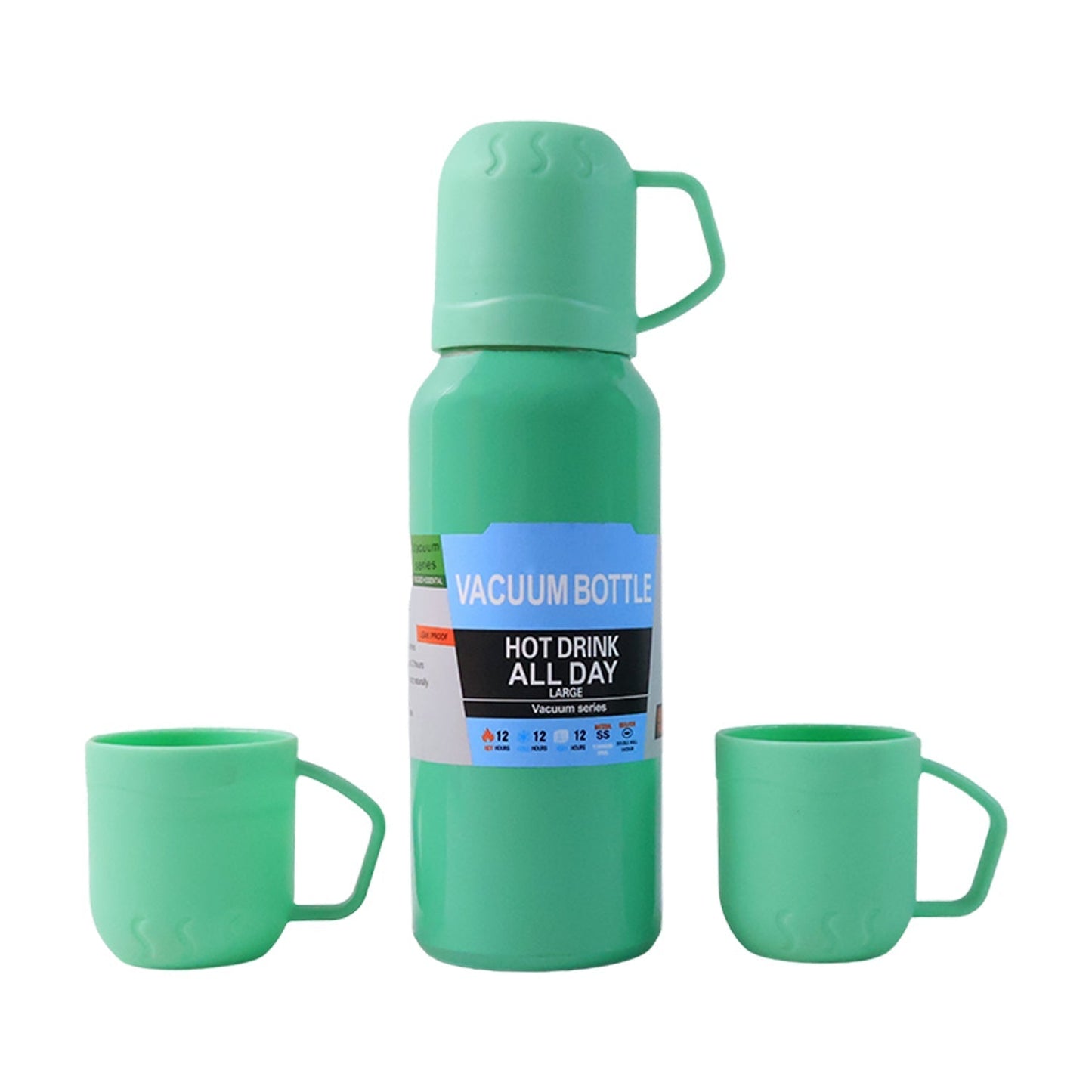 Green Vacuum Flask Set â€“ Stainless Steel Thermos with 3 Cups, Approx 500ml