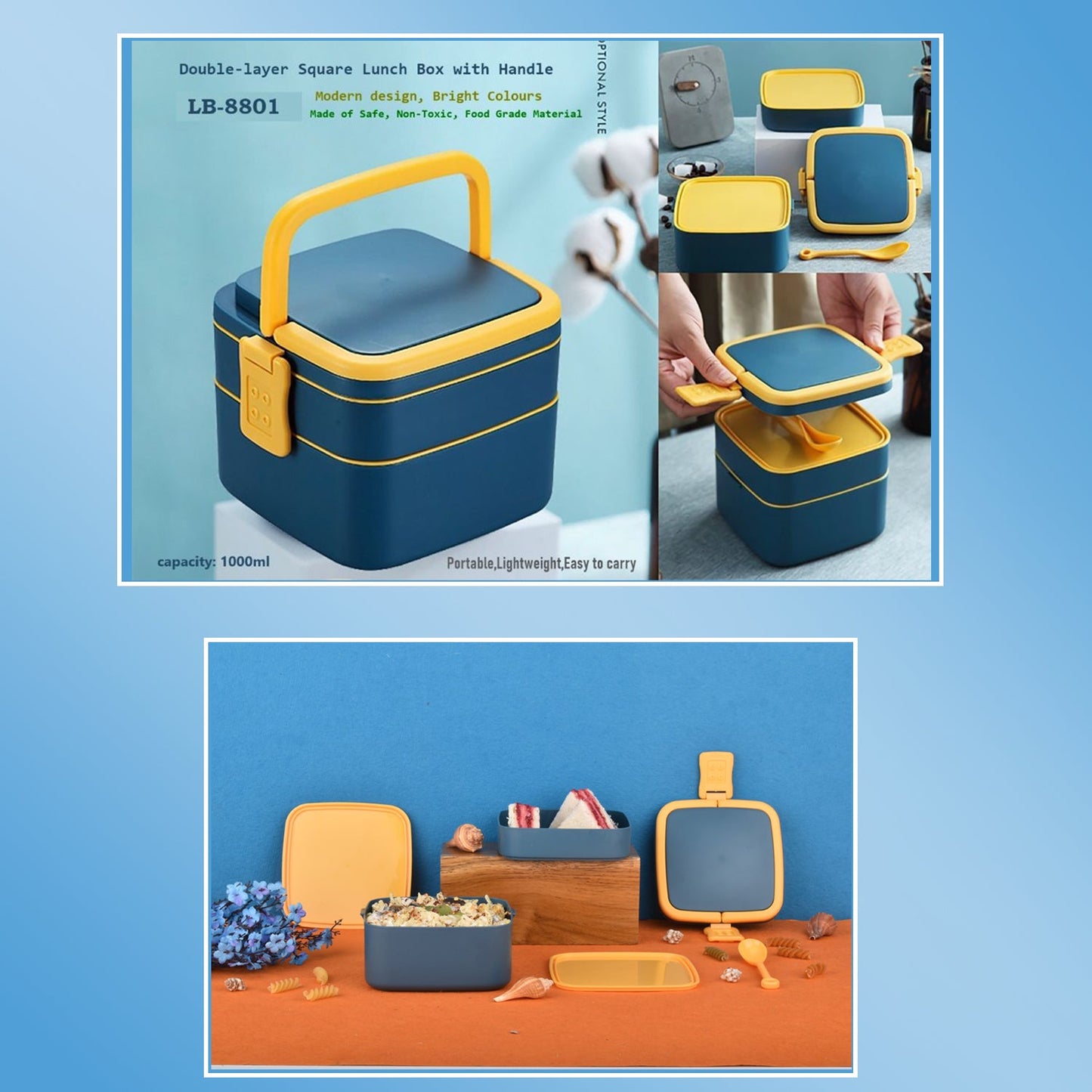 Blue Double-Layer Portable Bento Lunch Box – Stackable with Handle & Spoon