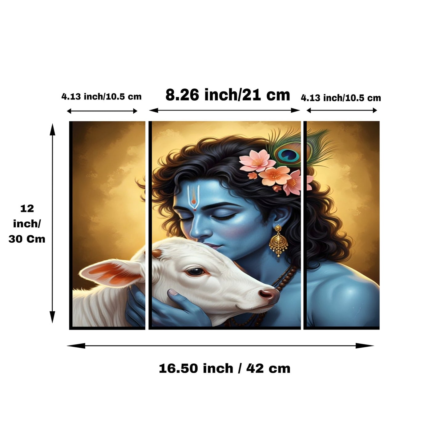 Krishna N Cow 3 Panel MDF Wall Frame Wall Art Painting 16.5x12in (1 Pc)
