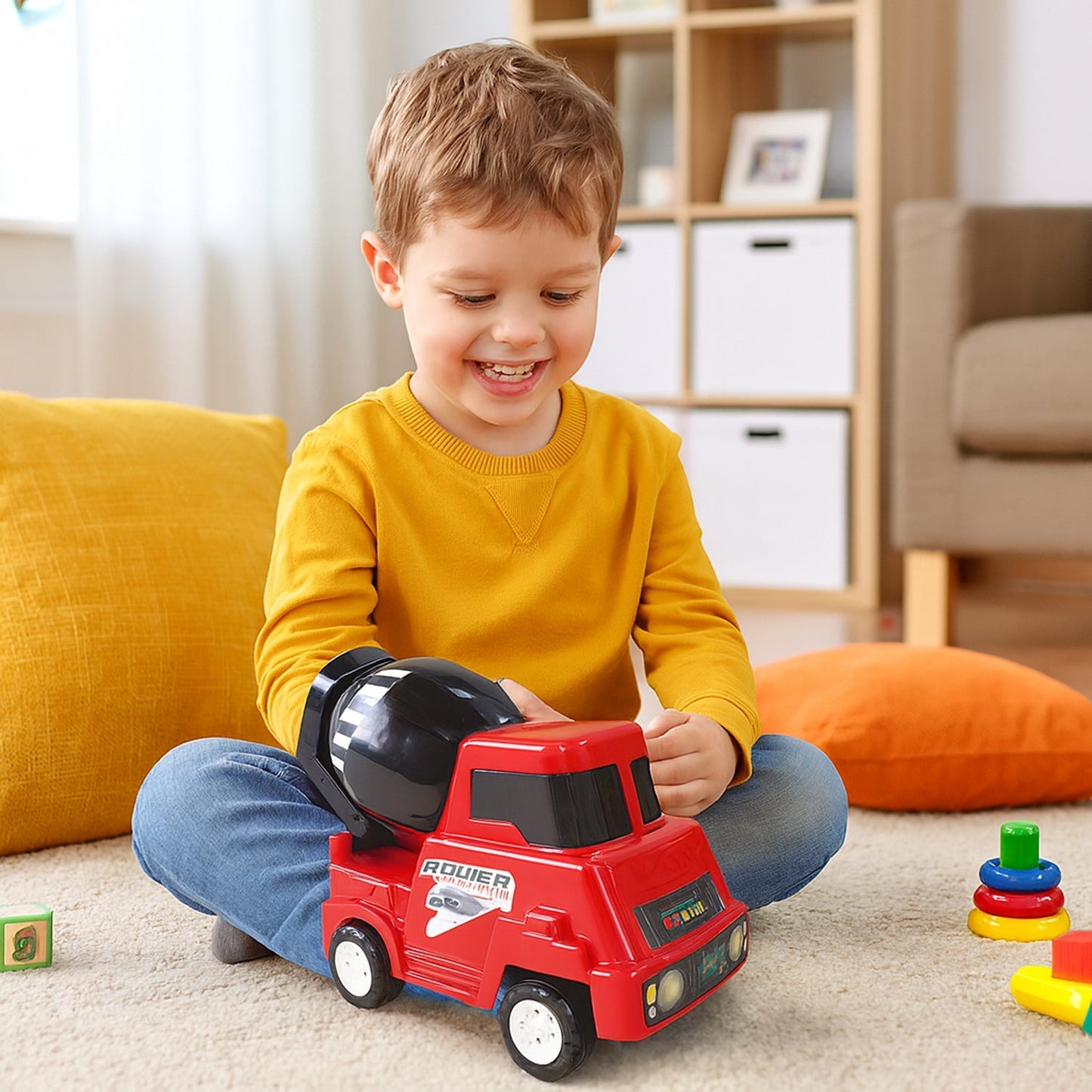 Kids Power Cement Mixer Toy Truck Friction Powered Construction Vehicle Rotating Drum Play Toy for Children 1 Pc