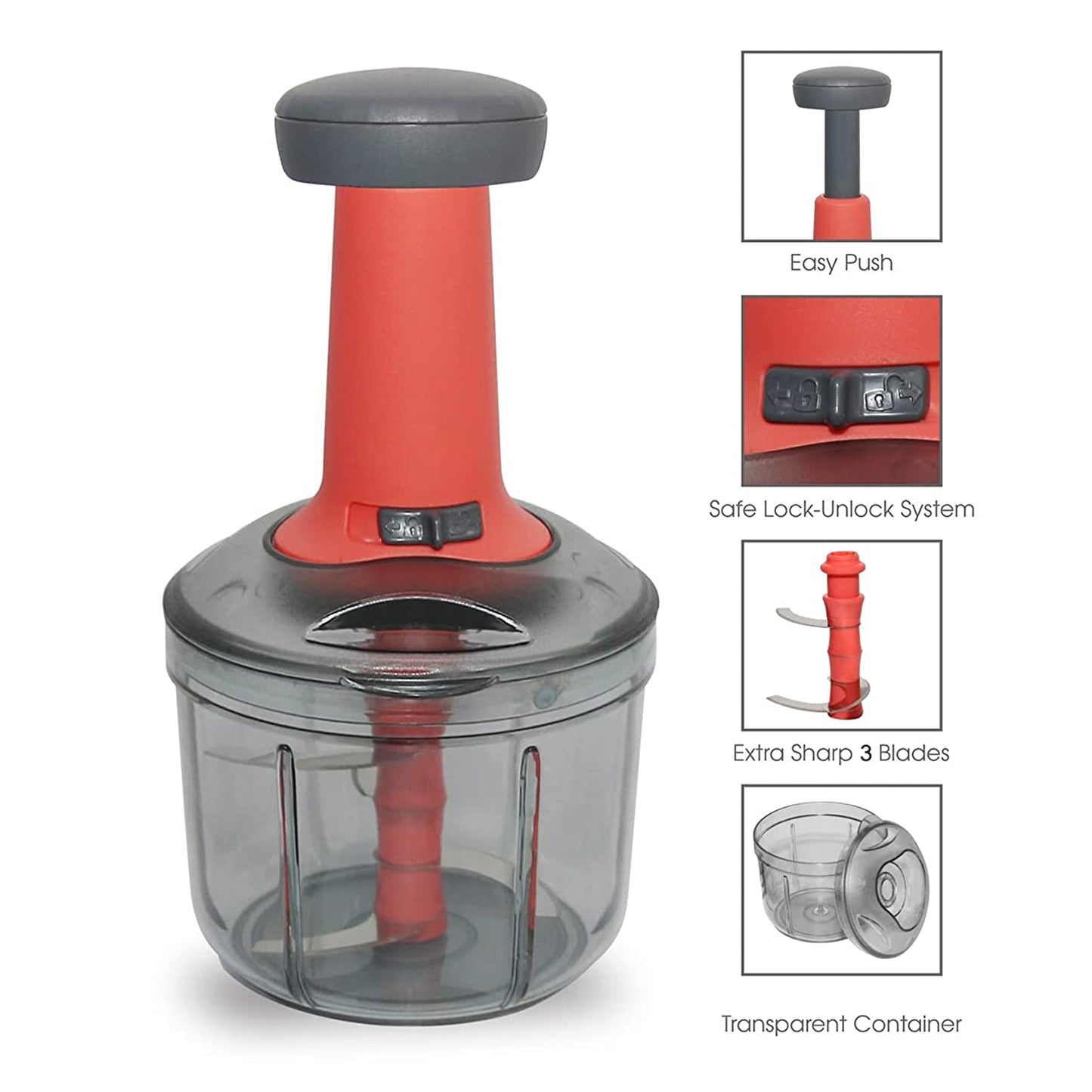 Matte Finish Hand Press Chopper with 3 Blades for Easy Vegetable & Fruit Chopping