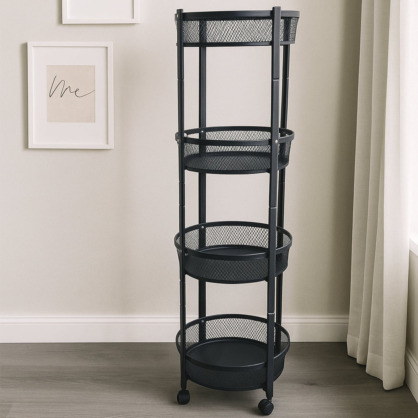 4-Layer Round Metal Folding Storage Trolley with Mesh Baskets and Wheels â€“ Multi-Purpose Organizer Rack (1 Pc)