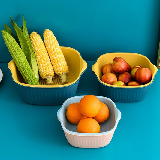 Plastic Washing Bowl & Strainer Basket for Kitchen (Set of 2)
