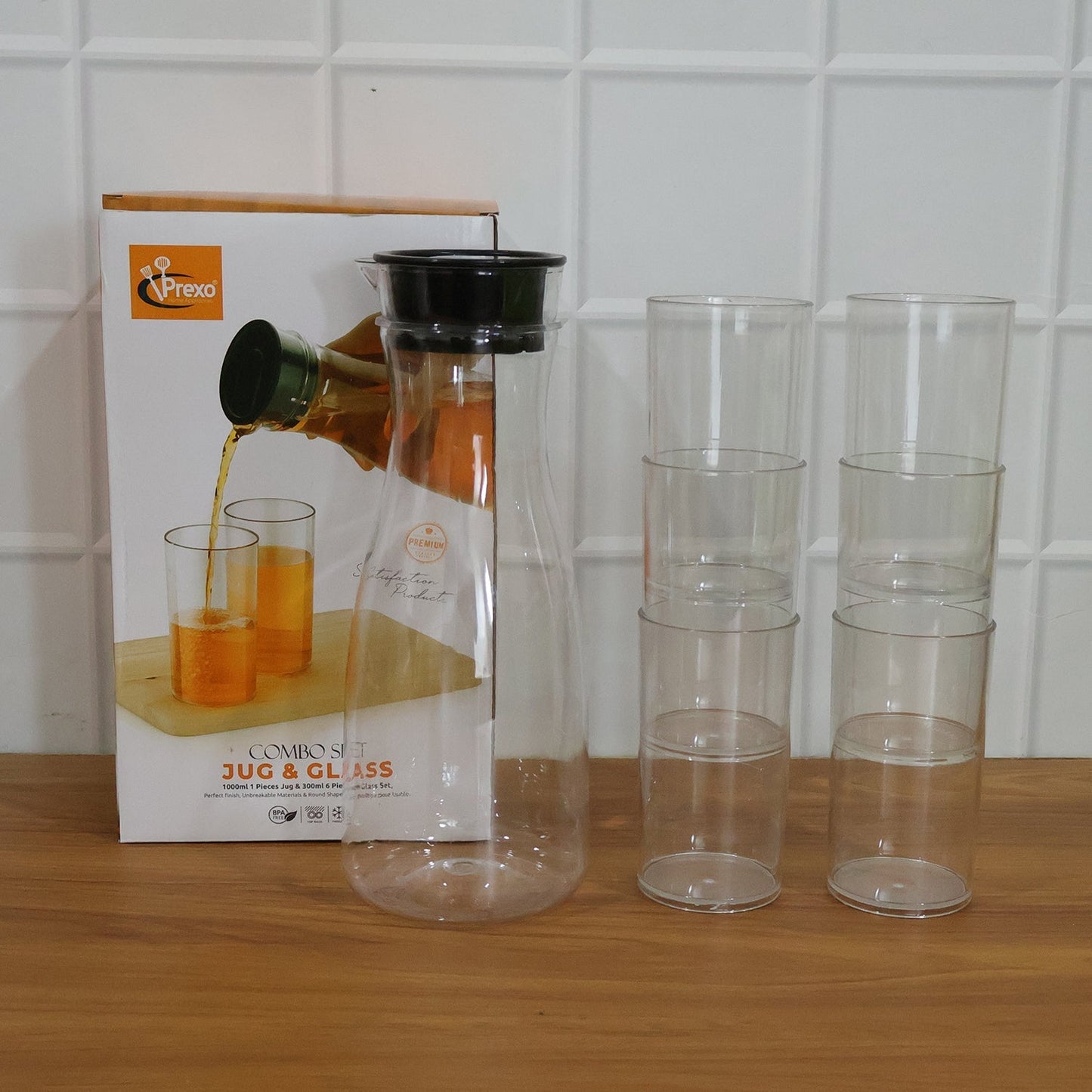 Prexo Plastic Water Jug and Drinking Glass Set (1 Jug 1000ML, 6 Glasses 300ML)