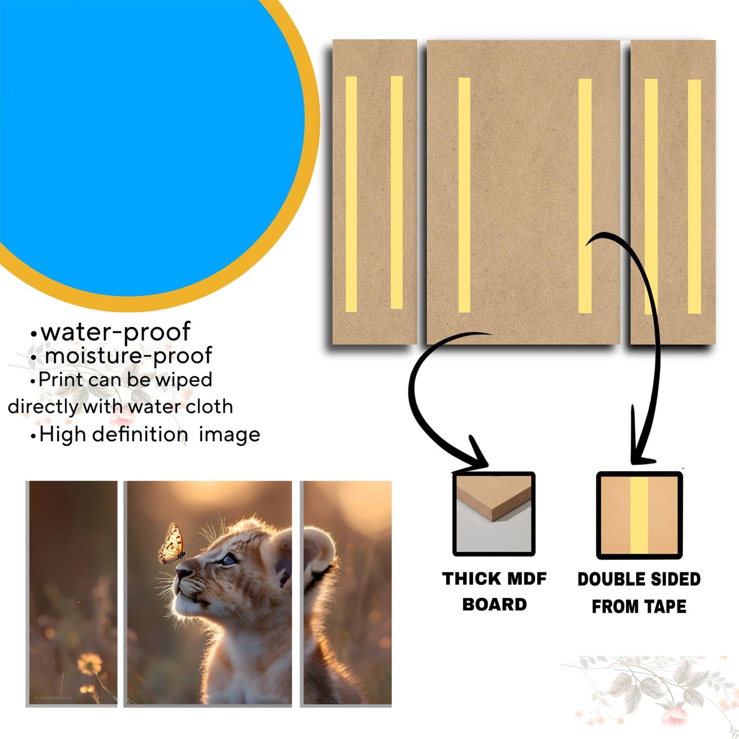 Lion Cub 3 Panel MDF Wall Frame Wall Art Painting 16.5x12in (1 Pc)