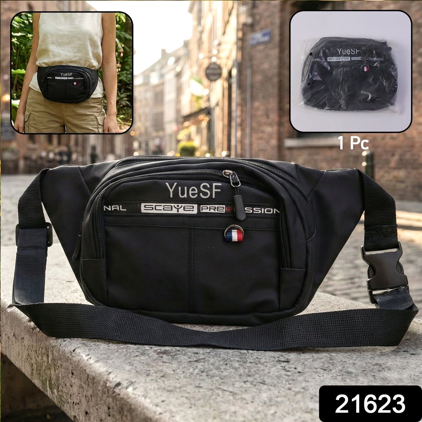 Stylish Multi-Pocket Black Waist Bag / Fanny Pack (1 Pc)