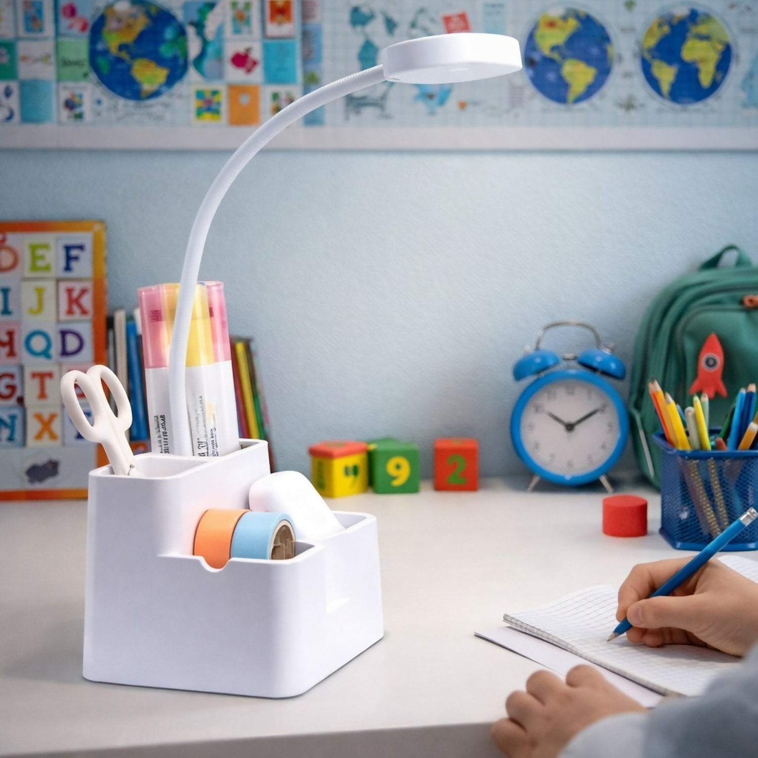 LED Study Desk Lamp with Pen Stand, 3 Color Modes, Adjustable Arm