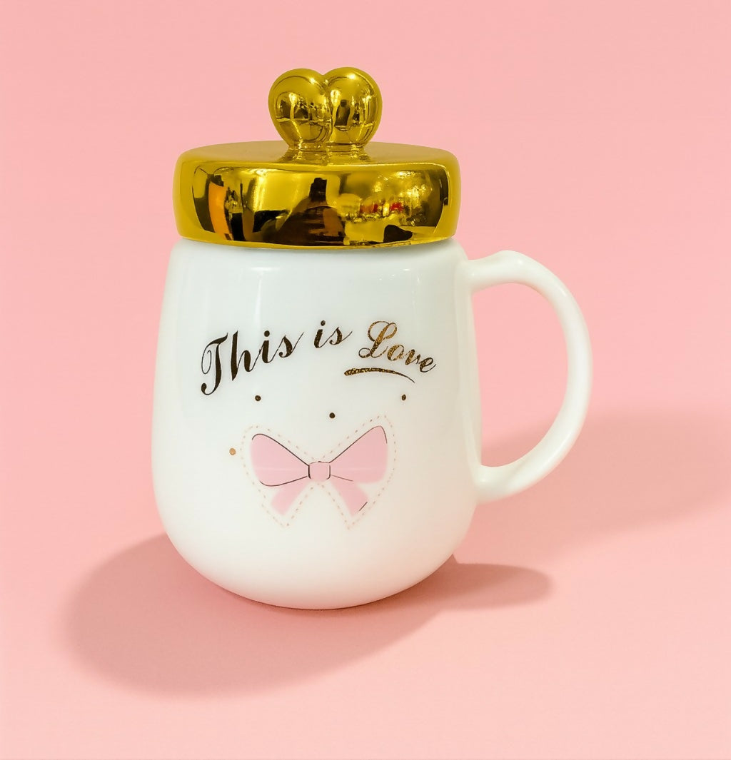 â€œThis is Loveâ€ Ceramic Mug with Golden Heart Lid & Pink Bow Print