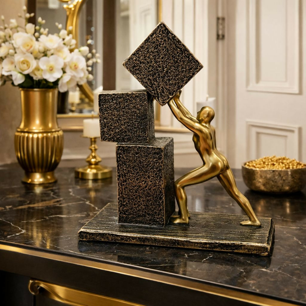 Abstract Human Figure Pushing Block Sculpture Home Decor (Color may vary)