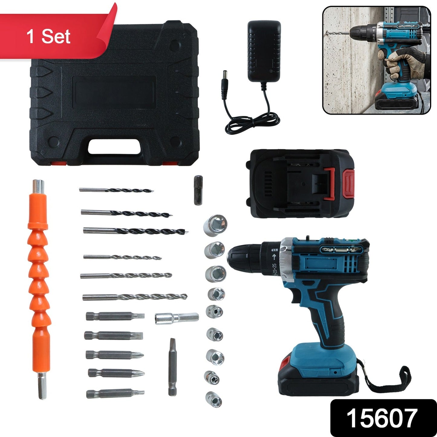 Cordless Drill Machine Tool Kit with Drill Bits & Carry Case (1 Set)
