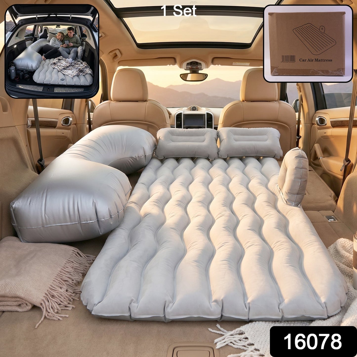 Portable Car Air Mattress Bed Set with Pump & Pillows Inflatable (Grey)
