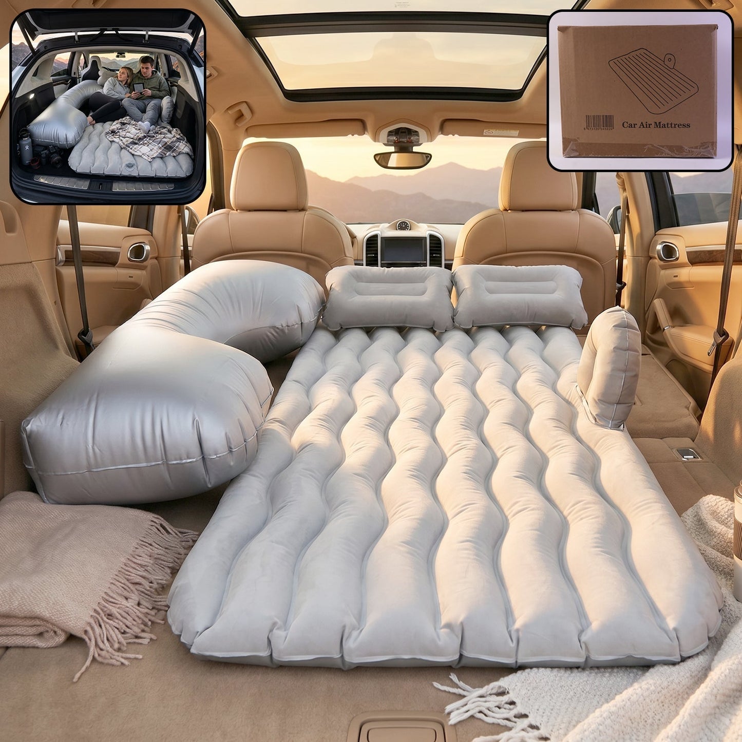 Portable Car Air Mattress Bed Set with Pump & Pillows Inflatable (Grey)