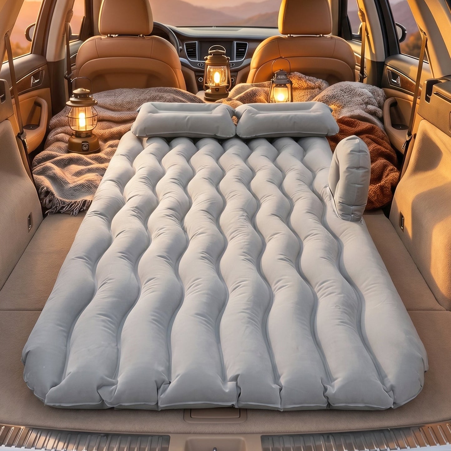 Portable Car Air Mattress Bed Set with Pump & Pillows Inflatable (Grey)