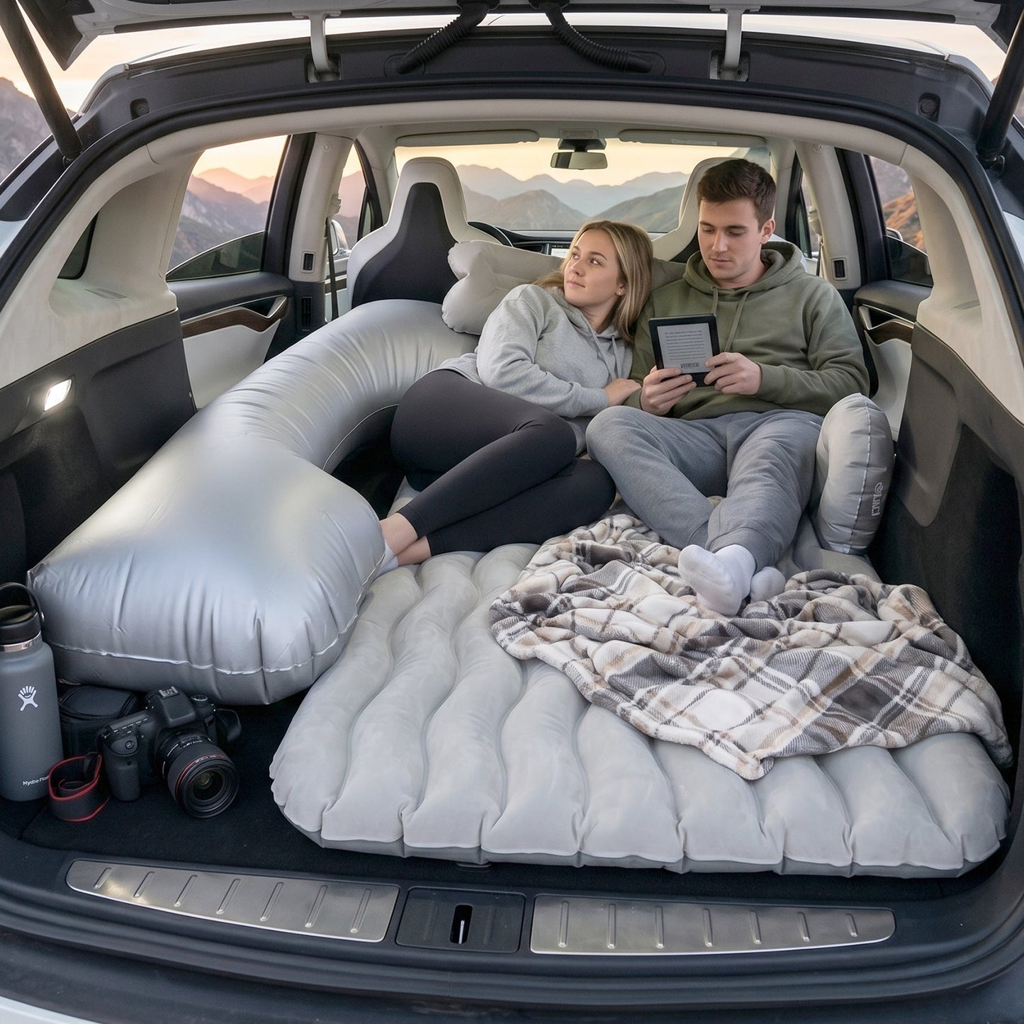 Portable Car Air Mattress Bed Set with Pump & Pillows Inflatable (Grey)