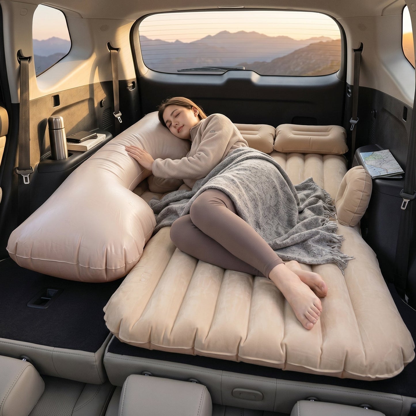 Portable Car Air Mattress Bed Set with Pump & Pillows Inflatable (Beige)