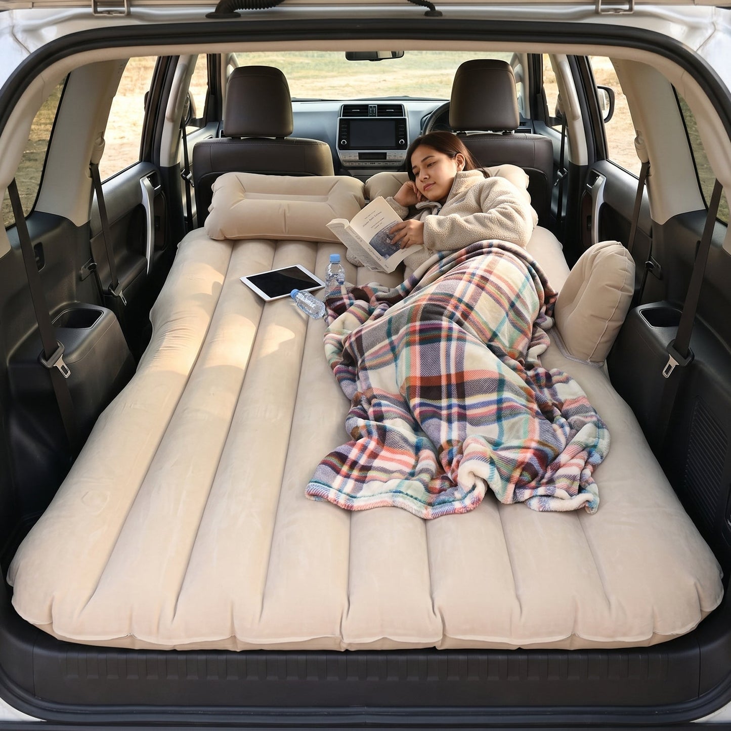 Portable Car Air Mattress Bed Set with Pump & Pillows Inflatable (Beige)