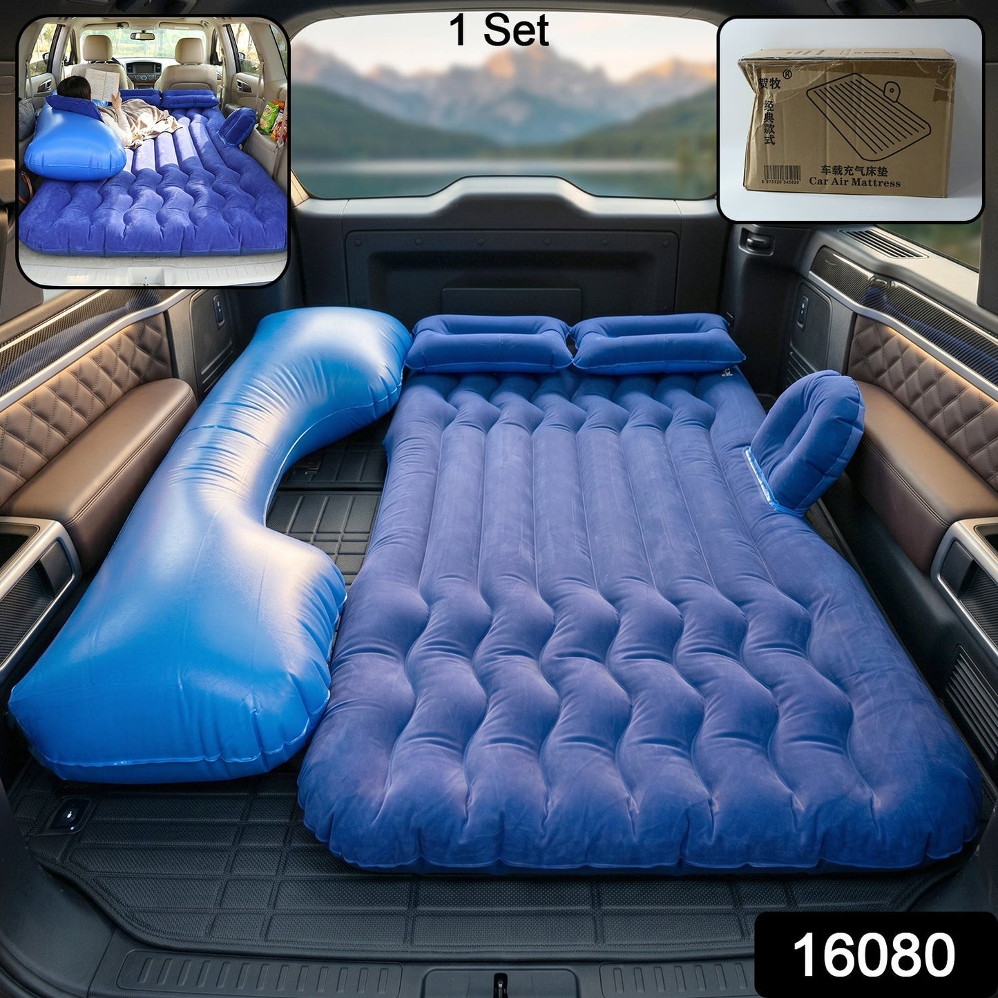 Portable Car Air Mattress Bed Set with Pump & Pillows Inflatable (Dark Blue)