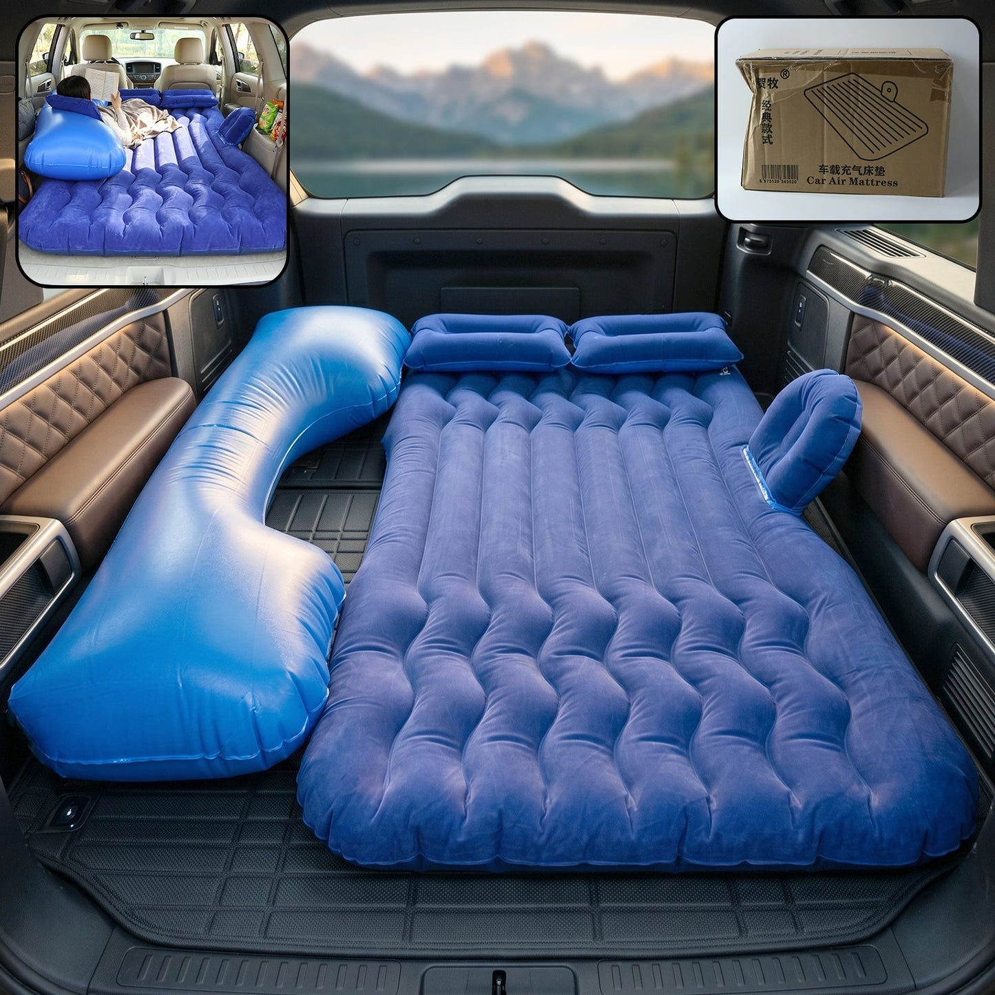 Portable Car Air Mattress Bed Set with Pump & Pillows Inflatable (Dark Blue)