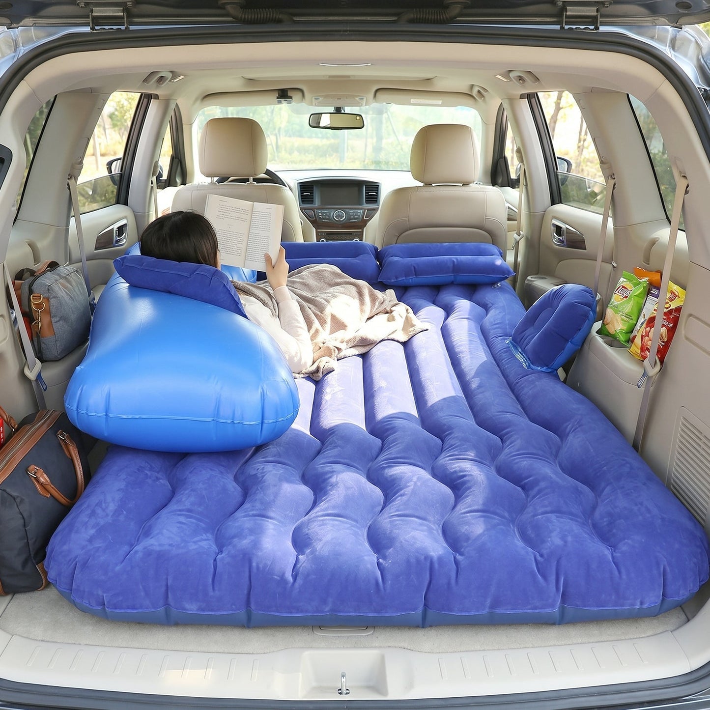 Portable Car Air Mattress Bed Set with Pump & Pillows Inflatable (Dark Blue)
