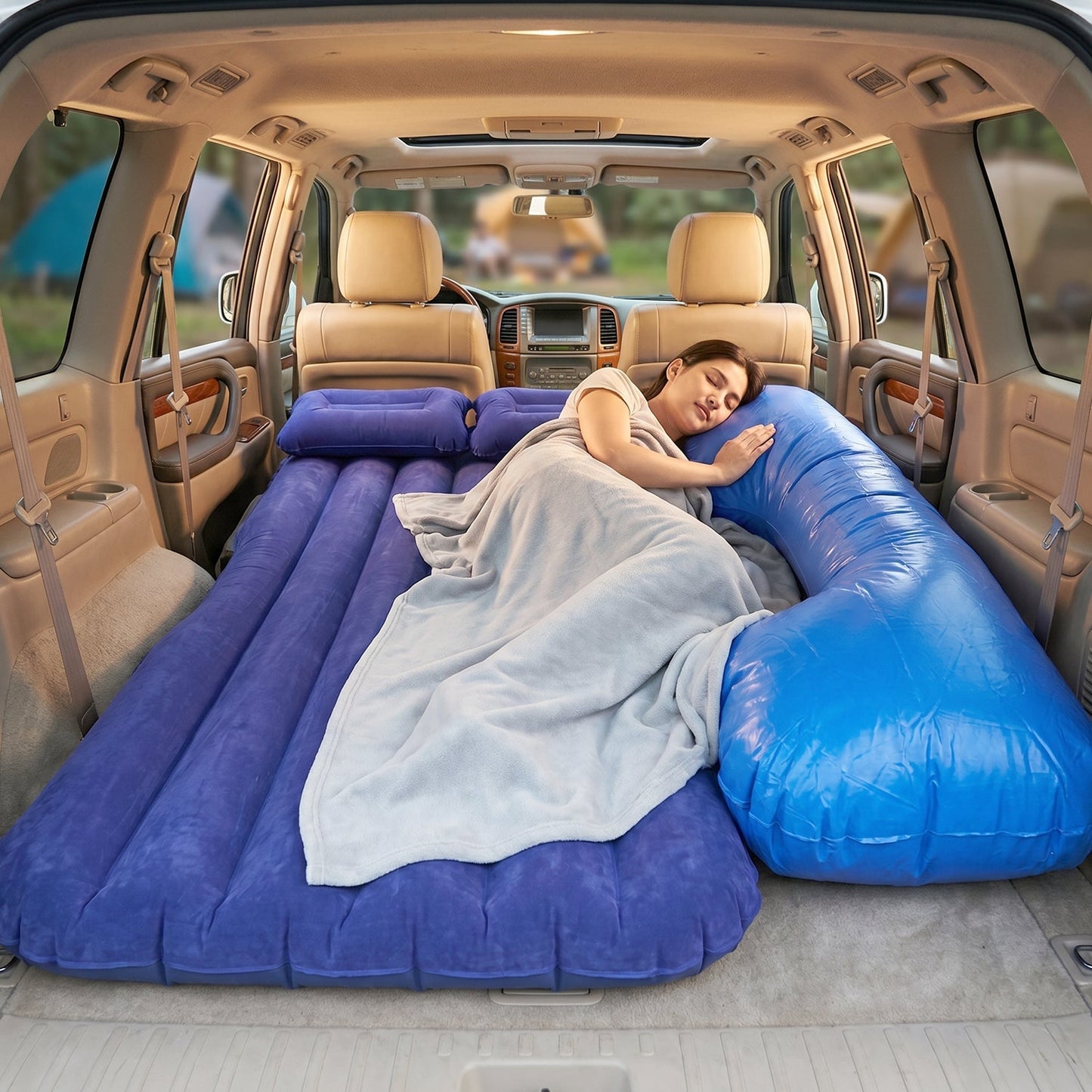 Portable Car Air Mattress Bed Set with Pump & Pillows Inflatable (Blue)