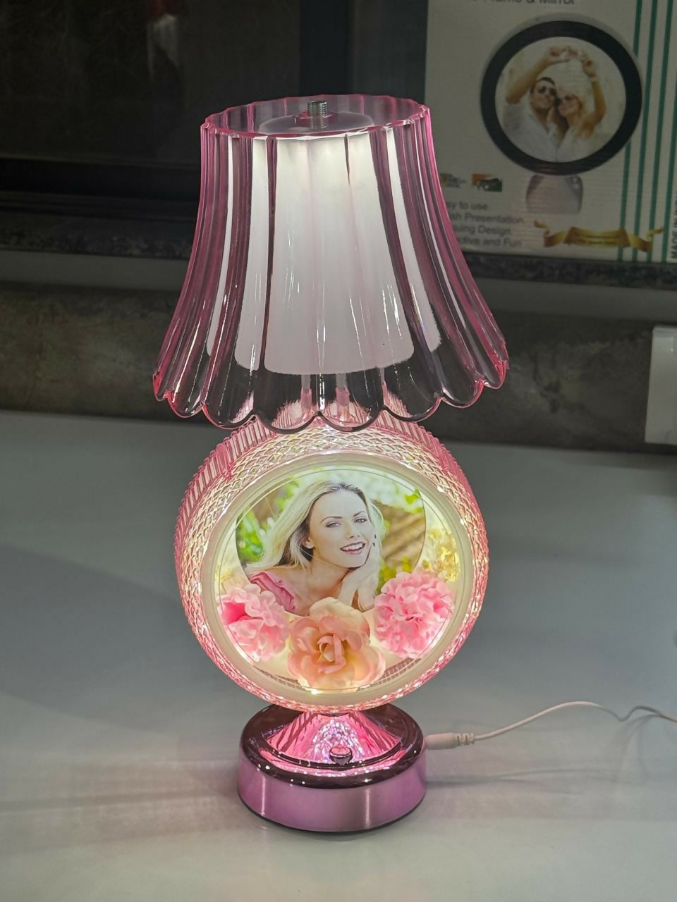 Round Photo Table Lamp with Shade for Bedroom, Side Table & Gift Decor