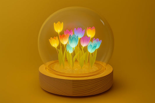 LED Multicolor Tulip Flower Light Dome with Glass Cover and Wooden Base