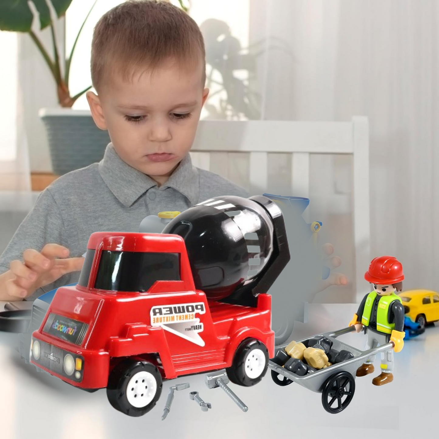 Kids Power Cement Mixer Toy Truck Friction Powered Construction Vehicle Rotating Drum Play Toy for Children 1 Pc