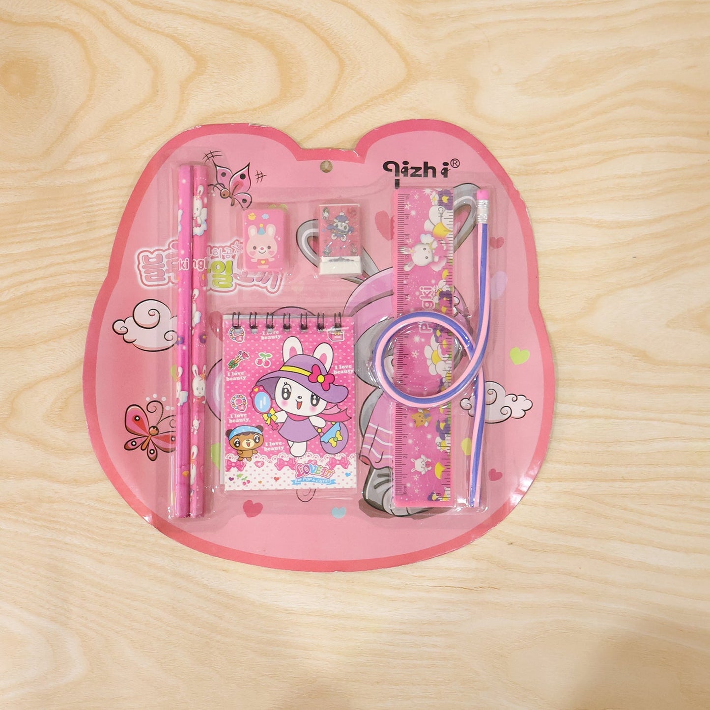 7-In-1 Cute Pink Stationery Set with Ruler, Pencil, Eraser, Notebook, Sharpener