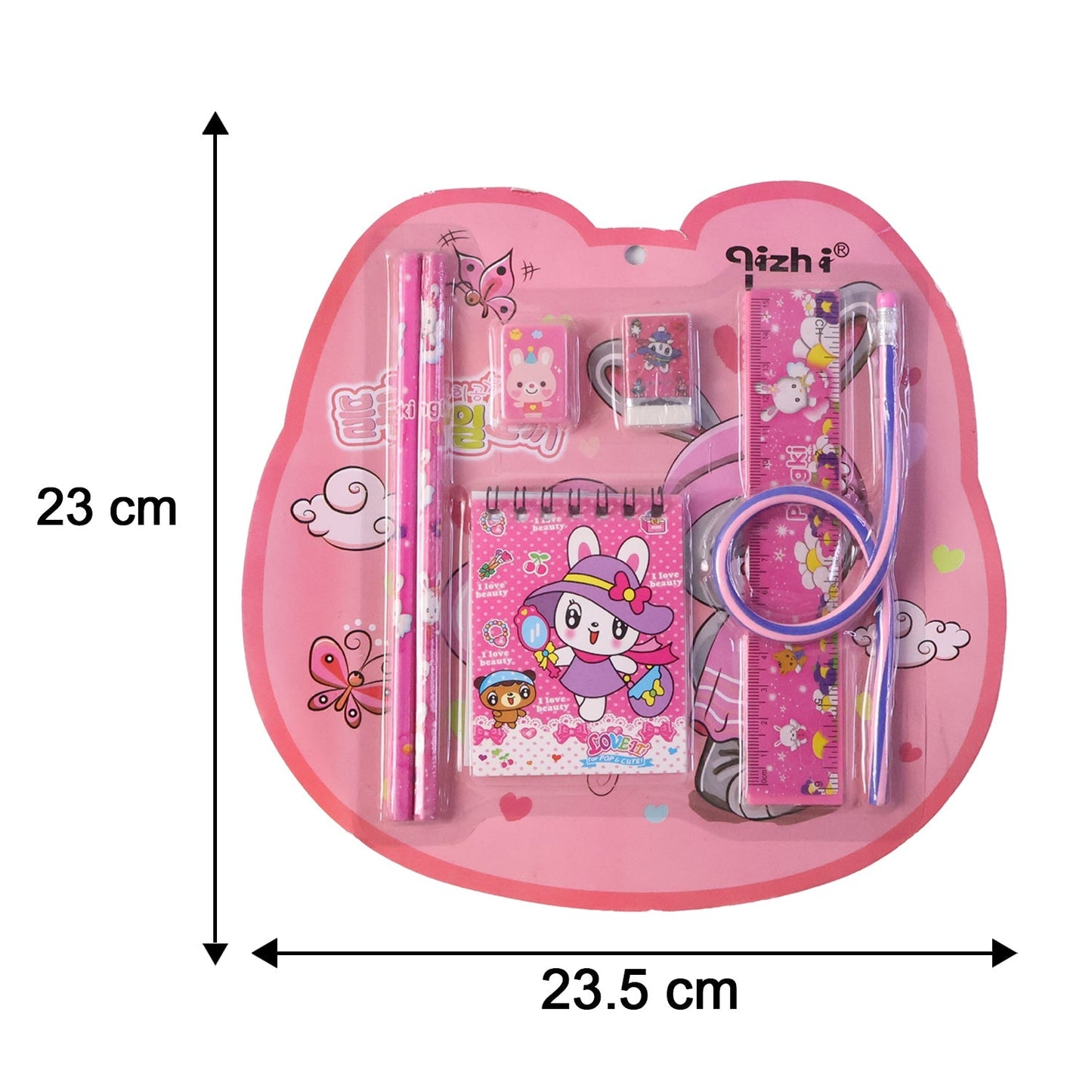 7-In-1 Cute Pink Stationery Set with Ruler, Pencil, Eraser, Notebook, Sharpener