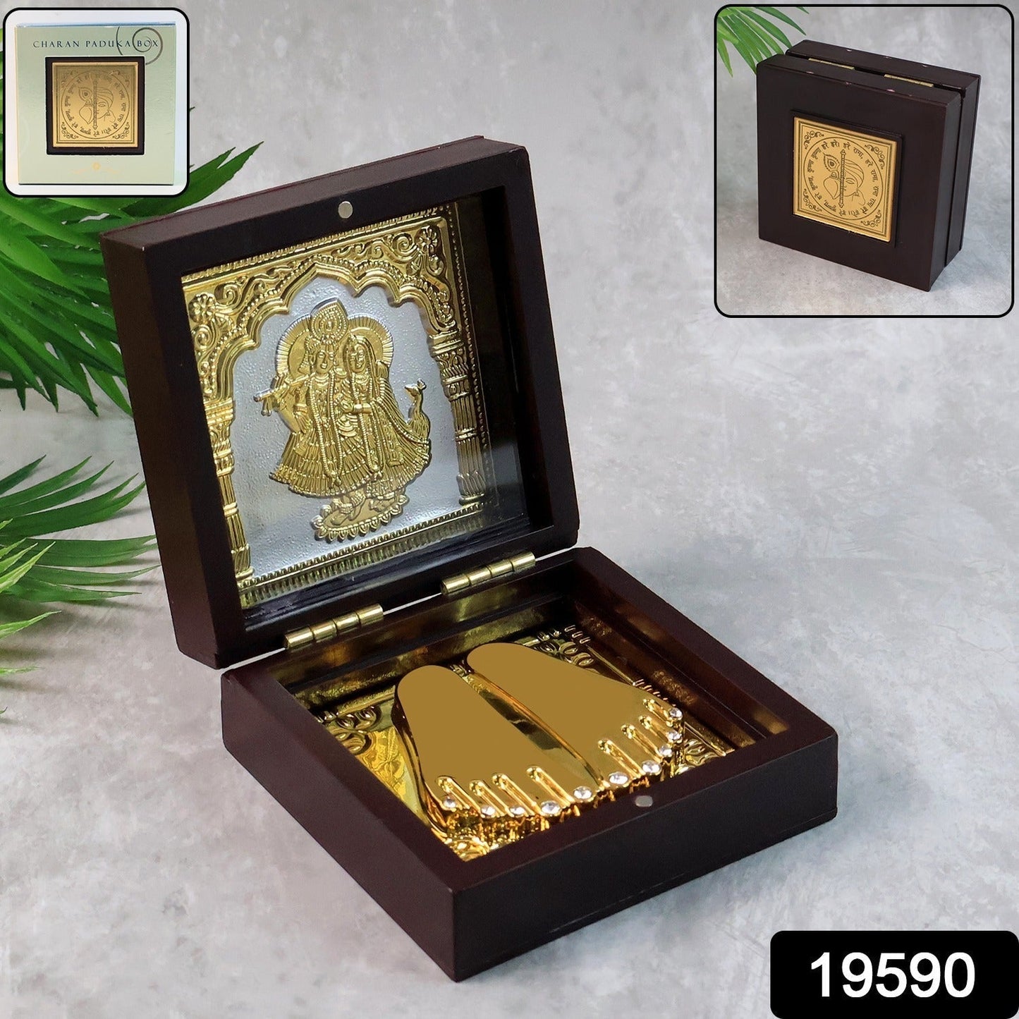 Golden Charan Paduka in Wooden Box â€“ Spiritual Gift & Pooja Accessory