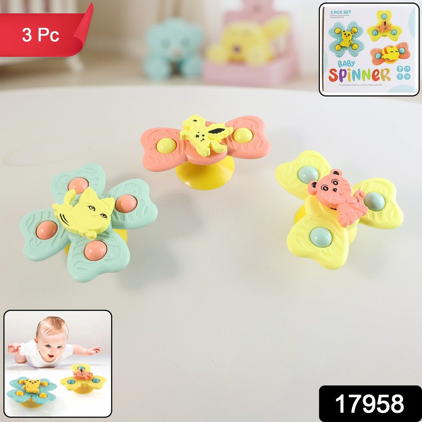Buzzy Baby Spinner Toy Set â€“ Suction Cup Spinning Toys (3 Pc Set)