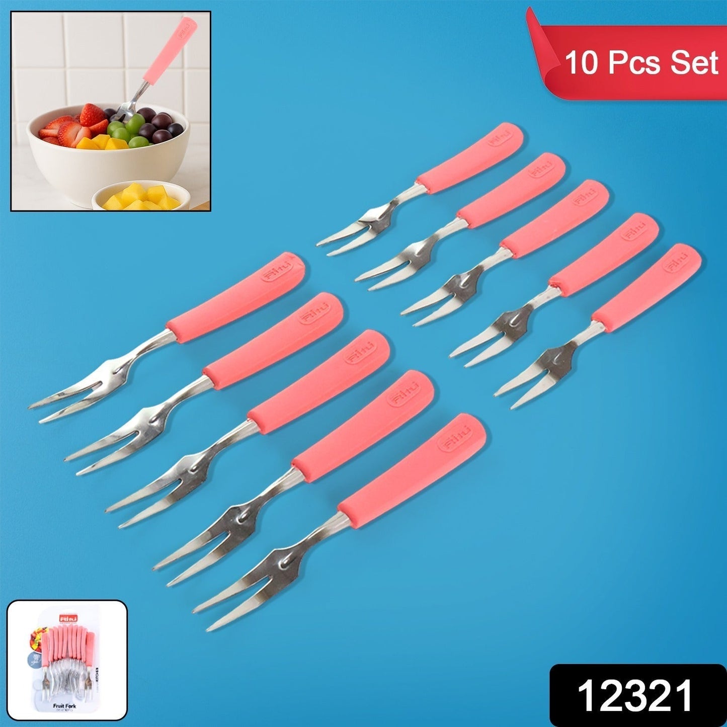 Premium Stainless Steel Fruit Fork Set â€“ 10 Pieces with Soft Non-Slip Handle