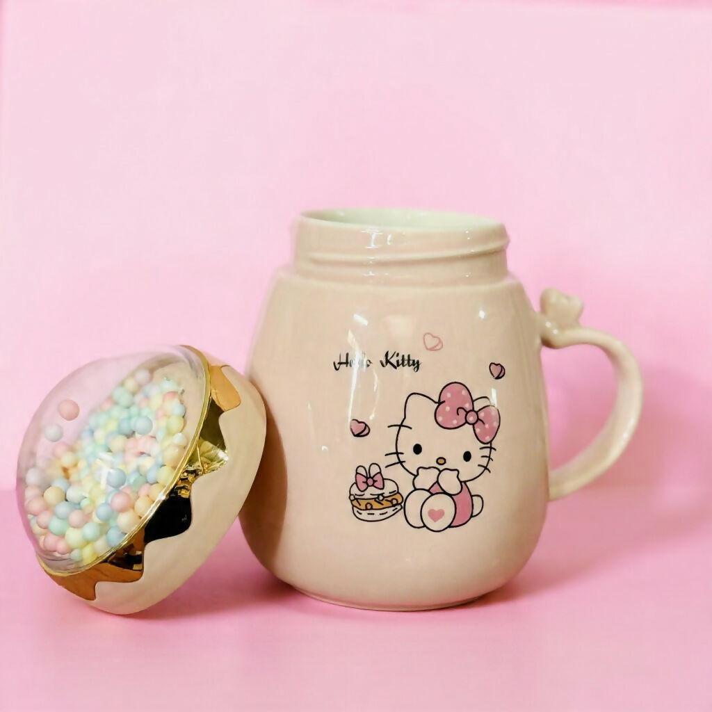 Cute Printed Ceramic Mug with Dome Lid, Coffee Tea Cup ( Color may vary )