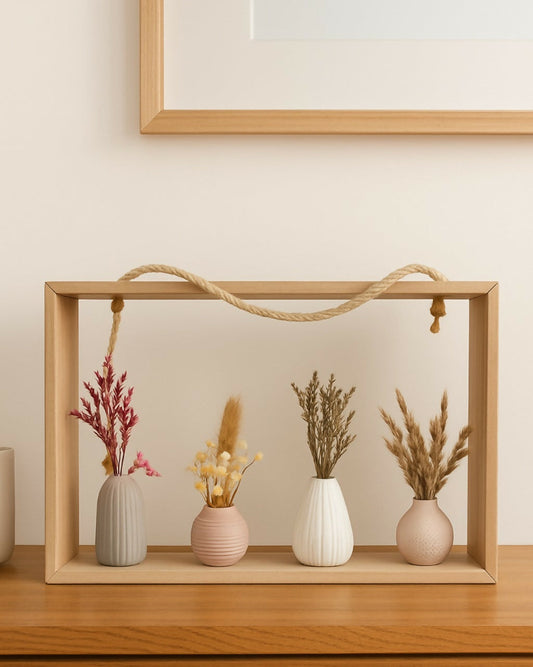 Rustic Wooden Frame Mini Vase Set with Dried Flowers â€“ 4 Ceramic Vases