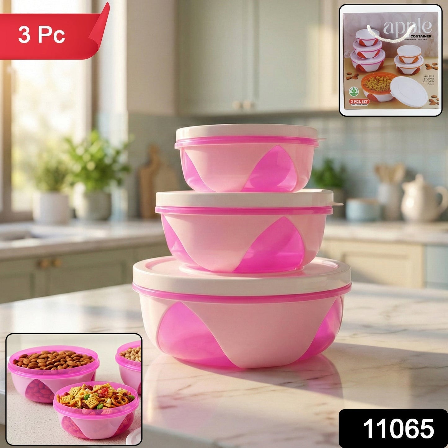 Apple Set of 3 Plastic Storage Containers (1 Pc)