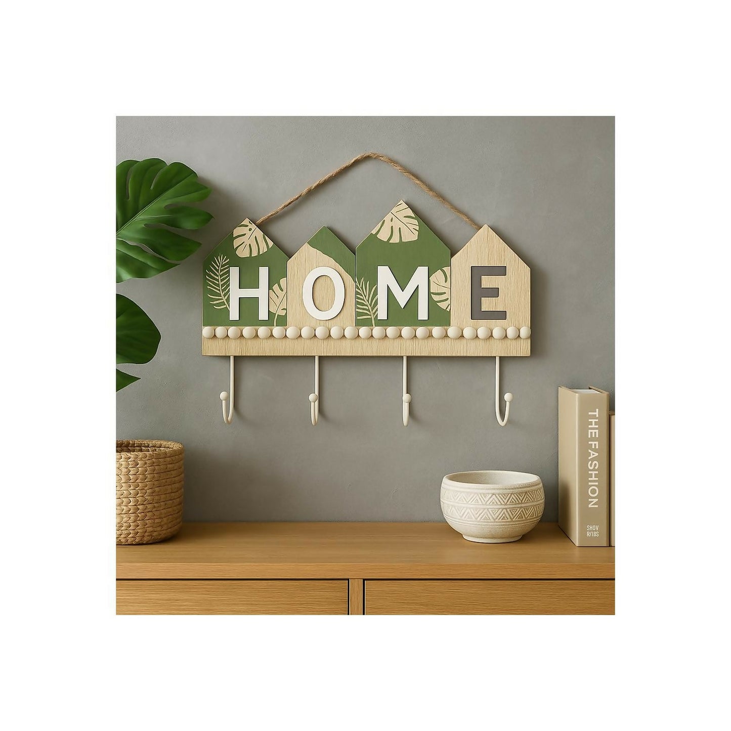 Rustic Wooden Wall Key Holder with â€œHOMEâ€ Letter Design â€“ Decorative Wall Hanging with 4 Sturdy Hooks and Rope Hanger â€“ Ideal for Entryway, Living Room, Kitchen, Bedroom, Office, and Housewarming Gifting